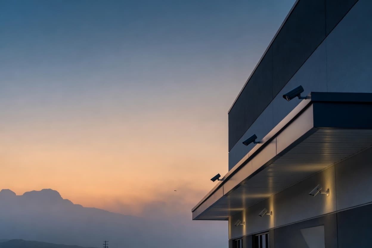 Two commercial security cameras mounted against an open sky above a mountain ridgeline